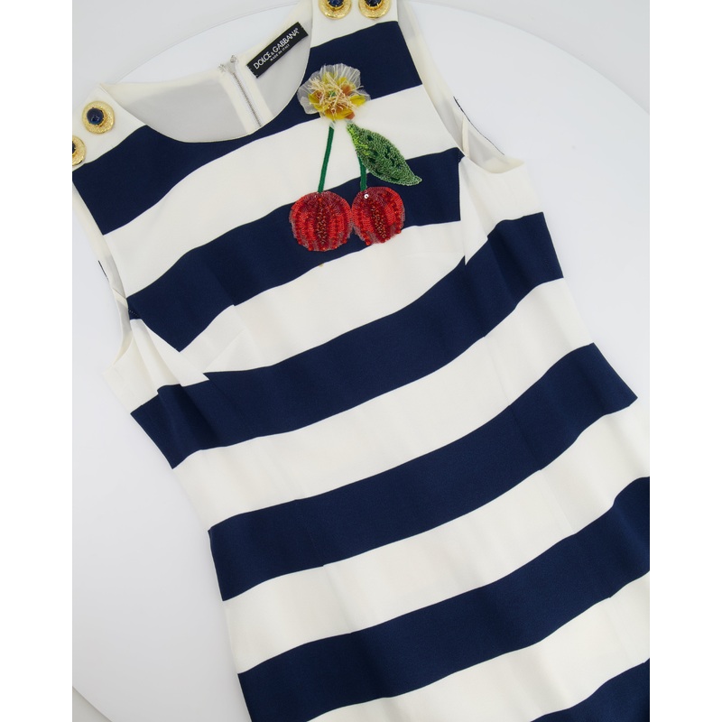 Dolce & Gabbana Navy and White Striped Midi Dress with Sequin Details and Lace Trim Size IT 44 (UK 12)