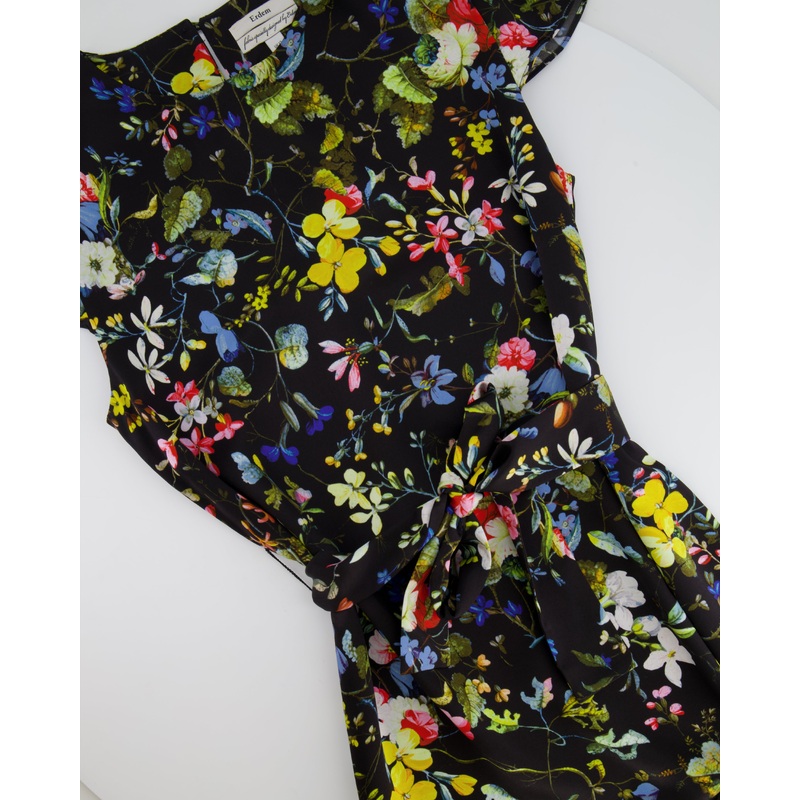 Erdem Black Short-Sleeve Belted Maxi Dress with Floral Prints Size UK 12