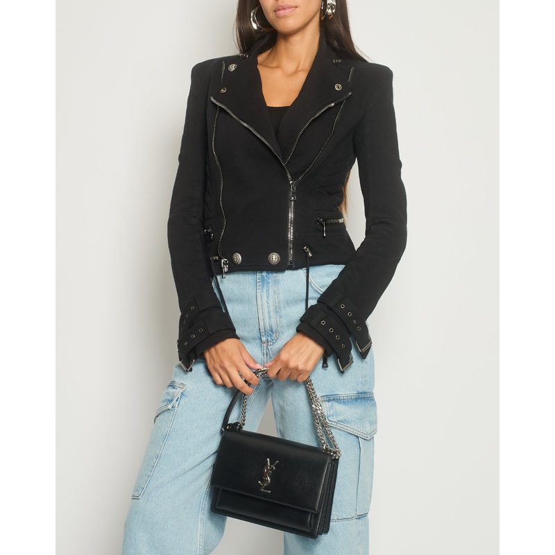 *FIRE PRICE* Balmain Black Jersey Knit Biker Jacket Size FR 36 (UK 8)