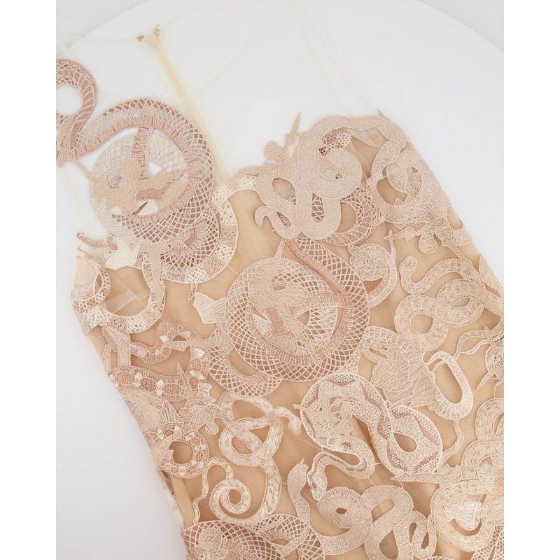 Mary Kataranzou Beige Mesh Midi Dress with Embellishment Details Size UK 12