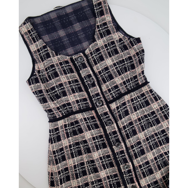 Miu Miu Navy, White and Pink Wool Checked Tweed Mini Sleeveless Dress Size IT 42 (UK 10)