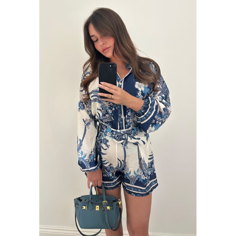 Myra blue floral linen look shirt & shorts co ord