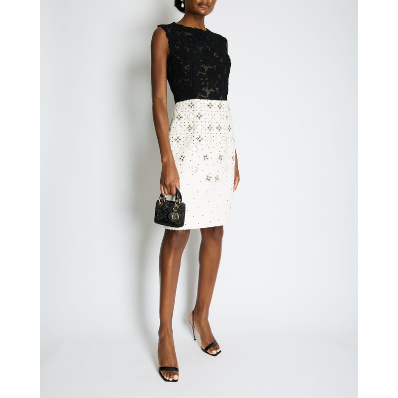 Oscar De La Renta Black and White Embellished Tweed Midi Dress Size US 8 (UK 12)