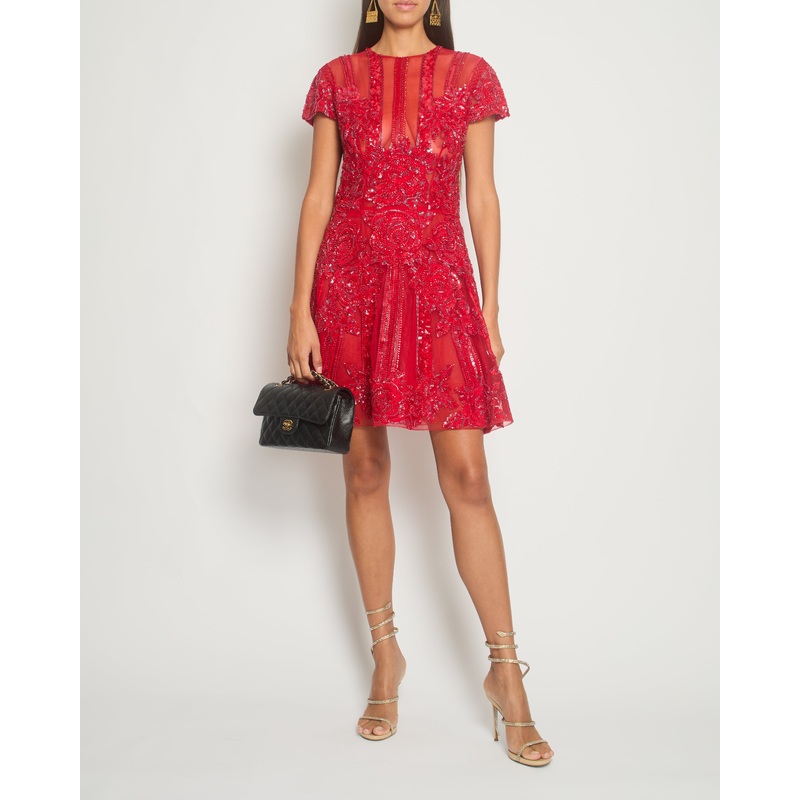 Zuhair Murad Red Sequin Embellished Short-Sleeve Mini Dress Size IT 44 (UK 12)