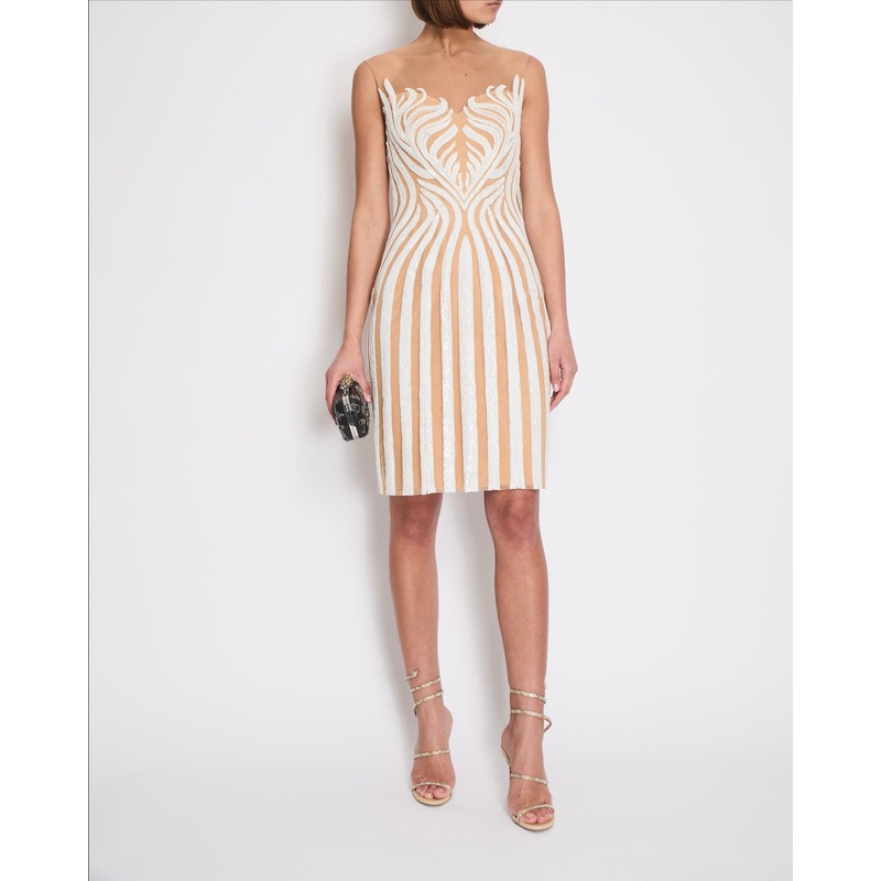 Zuhair Murad White and Beige Sequin Striped Tulle Sleeveless Mini Dress Size IT 42 (UK 10)