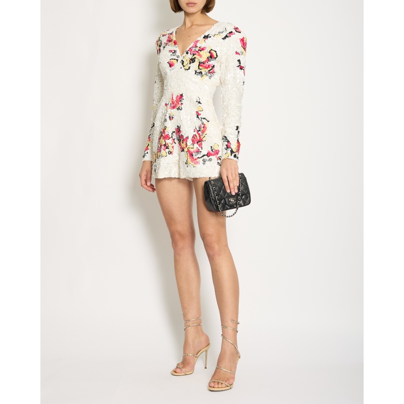Zuhair Murad White Long-Sleeve Sequin Embellished Playsuit with Abstract Multicolour Details Size IT 42 (UK 10)