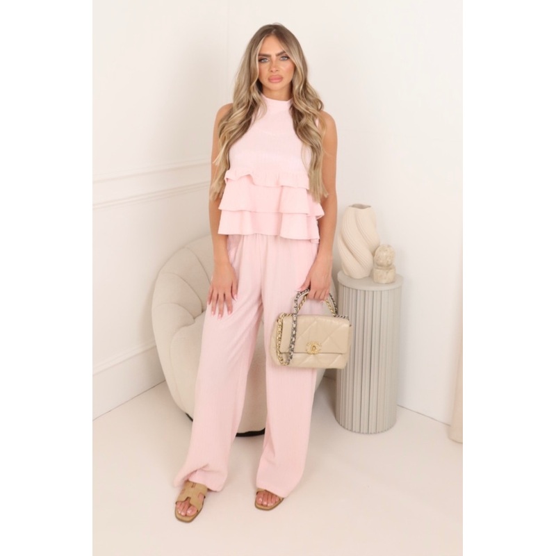 Becky pink tiered top & trouser co-ord