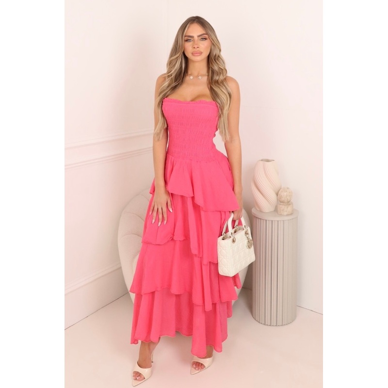 Louise pink shirred bandeu tiered midi dress