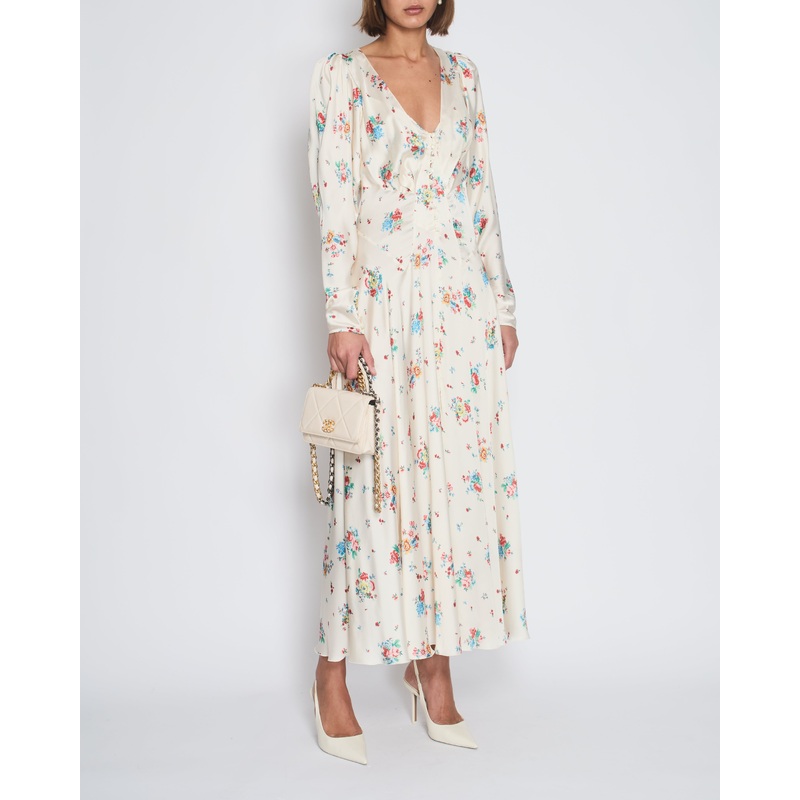 Paco Rabanne Cream Floral Long-Sleeve V-Neck Midi Dress with Button Detail Size FR 40 (UK 12)