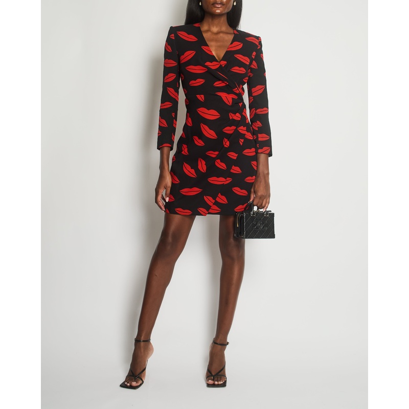 *RUNWAY* Saint Laurent Black Silk Lip Print Midi Dress Size 38 (UK 10)