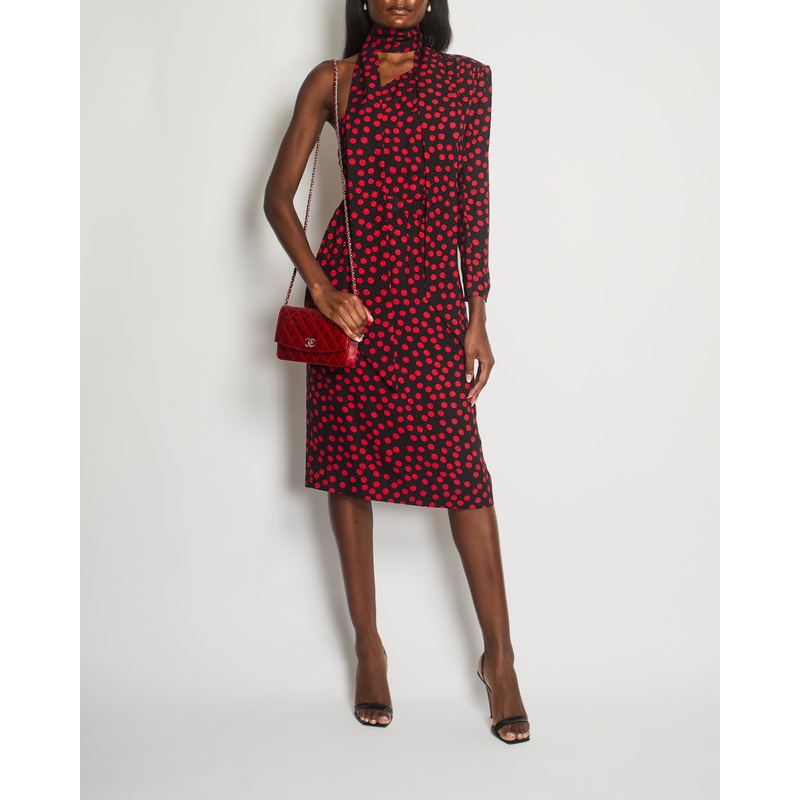 Saint Laurent Black, Red Polkadot Silk Off-Shoulder Midi Dress With Scarf Size FR 40 (UK 12)