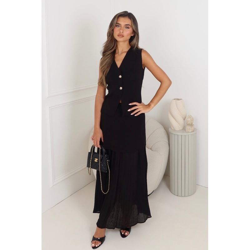 Sandy black knit waistcoat & pleated sheer maxi skirt