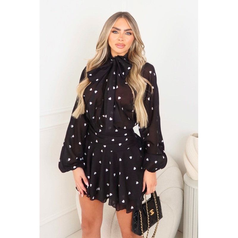 Sophia black heart print frill dress