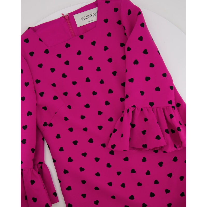 Valentino Hot Pink Heart-Printed Mini Dress with Ruffle Sleeve Details Size IT 40 (UK 8)