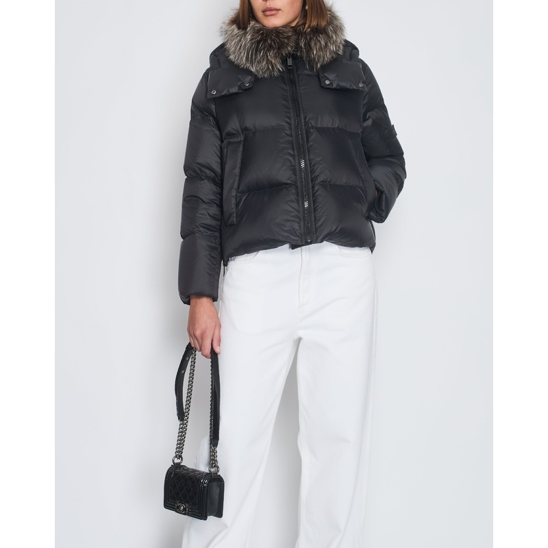 Yves Saloman ARMY Black Cropped Puffer Coat with Detachable Fur Collar Size FR 34 (UK 6)