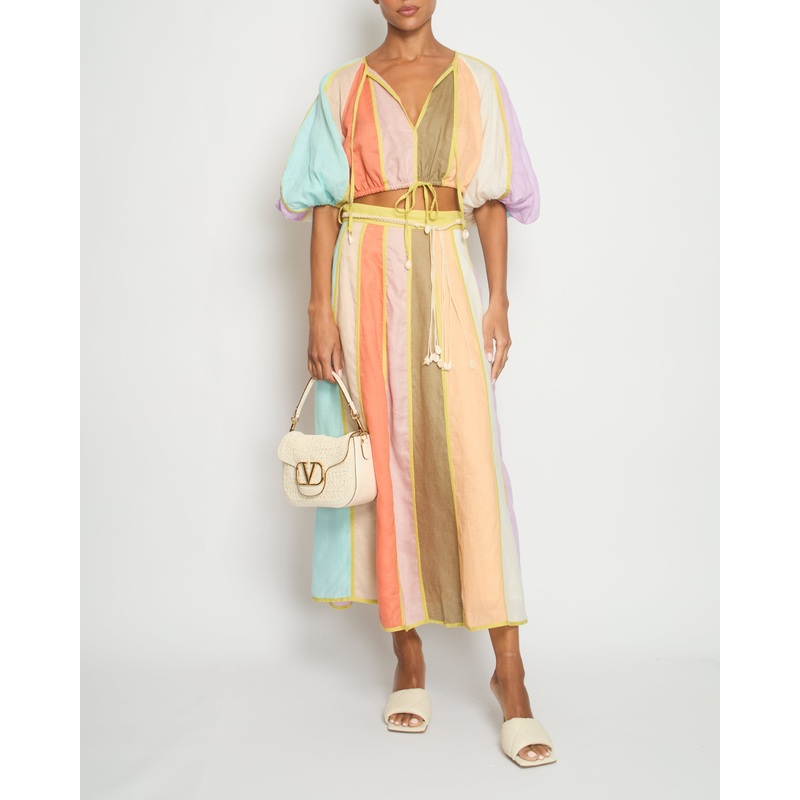 Zimmermann Multi-Colour Stripe Linen Midi Skirt and Top Set with Shell Belt Size 0 (UK 8)