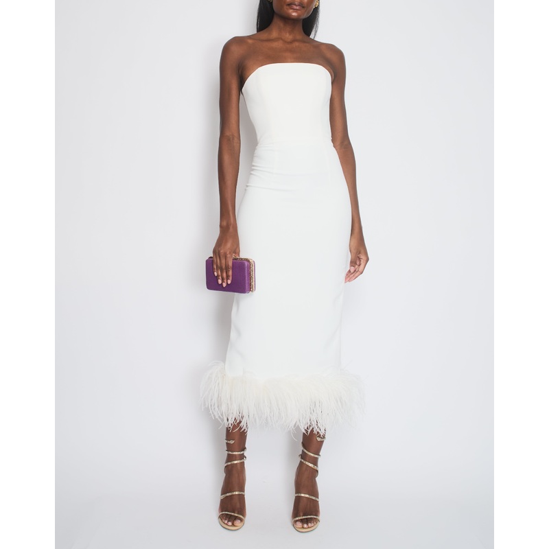 16Arlington White Minelli Strapless Midi Dress with Feather Trim Detail Size FR 34 (UK 6)