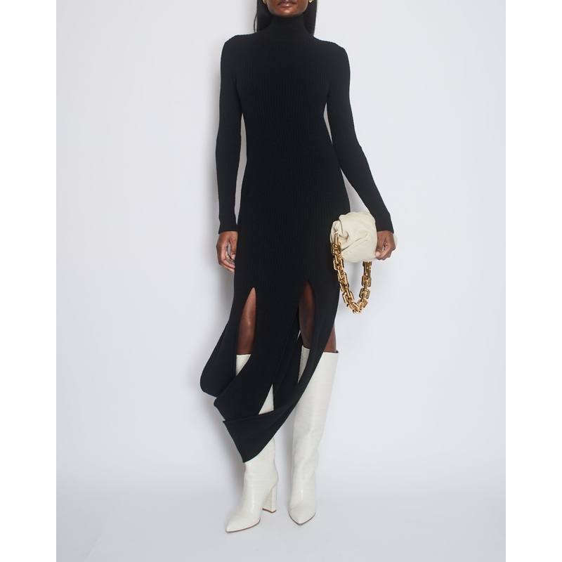 Bottega Veneta Black High-Neck Ribbed Long Sleeve Dress with Split Detail Size S (UK 8)