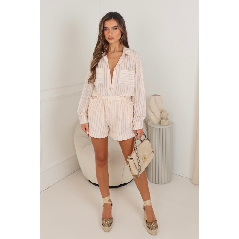 Candice beige striped shirt & shorts co ord