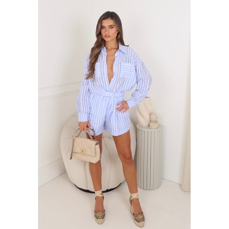 Candice blue striped shirt & shorts co ord