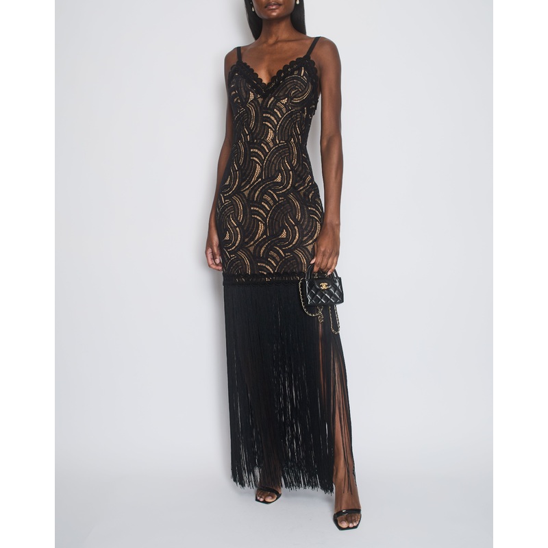 Elie Saab Black Strap Lace Maxi Dress with Fringe Trim Detail Size FR 40 (UK 12)