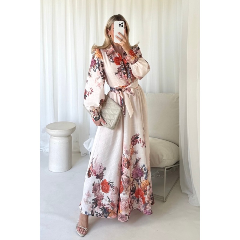Ida beige floral long sleeve maxi shirt dress