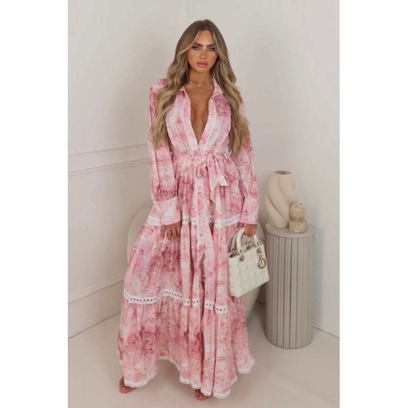 Laura pink a-line long sleeve patterned maxi dress