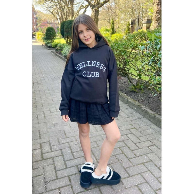 Mini wellness club black embroidered hoodie
