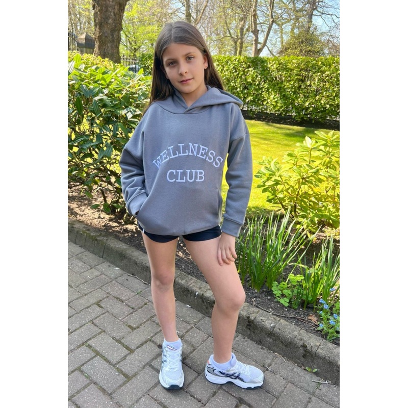 Mini wellness club steel grey embroidered hoodie