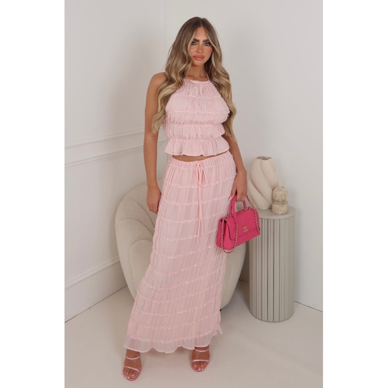 Ophelia pink chiffon open back top & maxi skirt co ord
