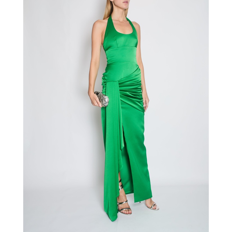 Rasario Green Sleeveless Pleated Gown with Side Split and Trail Detail Size FR 36 (UK 8)