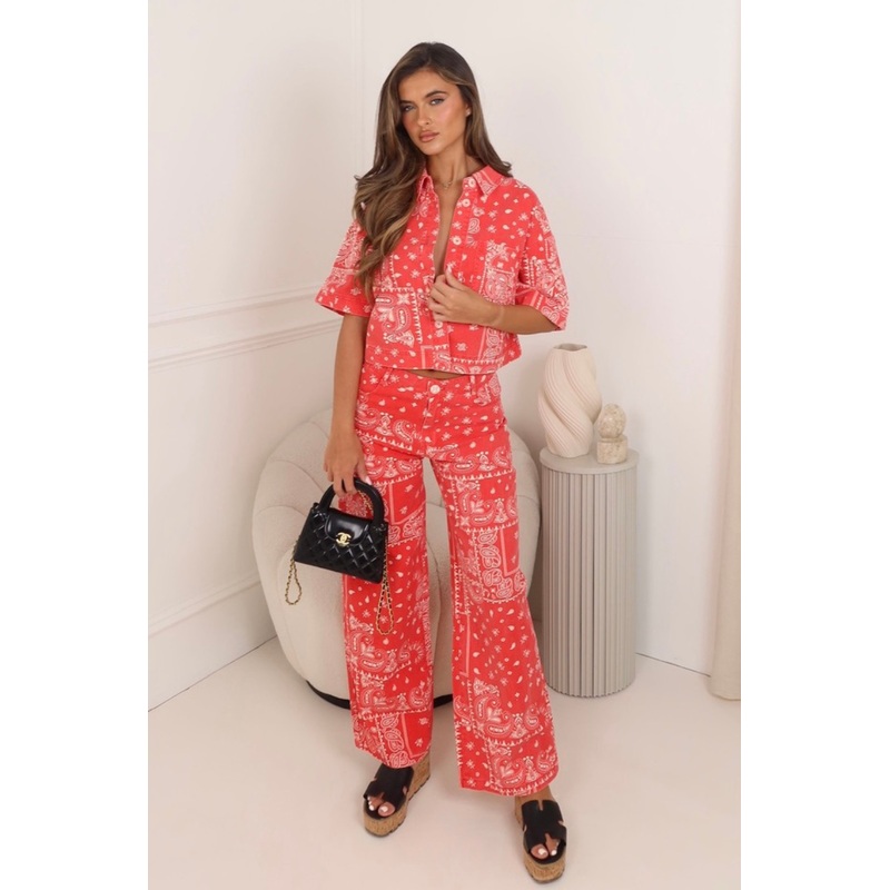 Riley red denim boho wide leg jeans