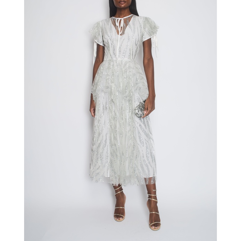 Rodarte Silver Short Sleeve Tiered Dress with Neck Tie Detail Size US 6 (UK 10)