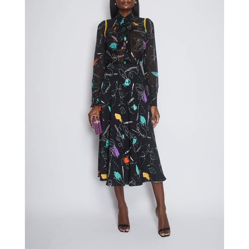 Schiaparelli Black Heart Print Silk Shirt with Matching Skirt Set Size FR 36 (UK 8)