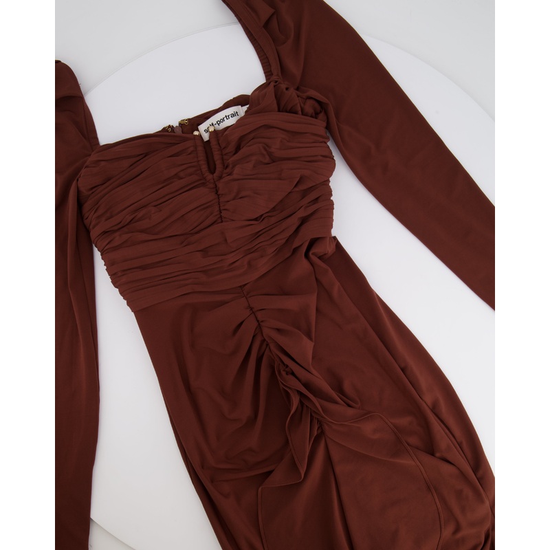 Self-Portrait Brown Ruched Midi Dress with Gold Low Cut Buckle Detail Size XS (UK 6)