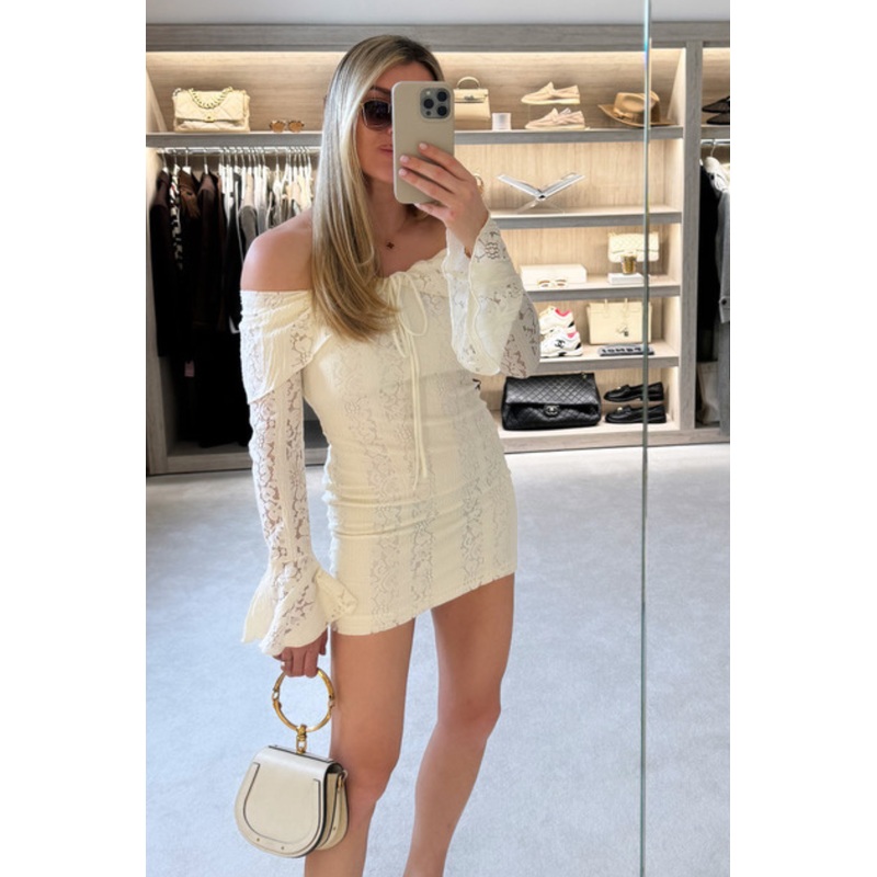 Sophia cream lined lace bardot mini dress