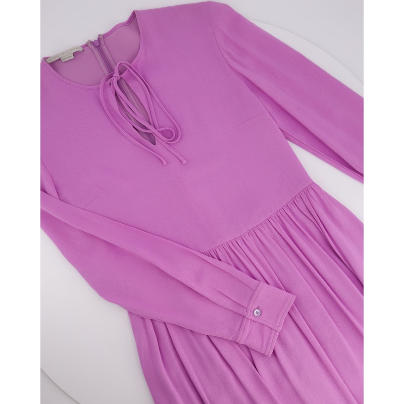 Stella McCartney Lilac Long Sleeve Pleated Waist Midi Dress with V-Neck Tie Detail Size IT 42 (UK 10) RRP 900