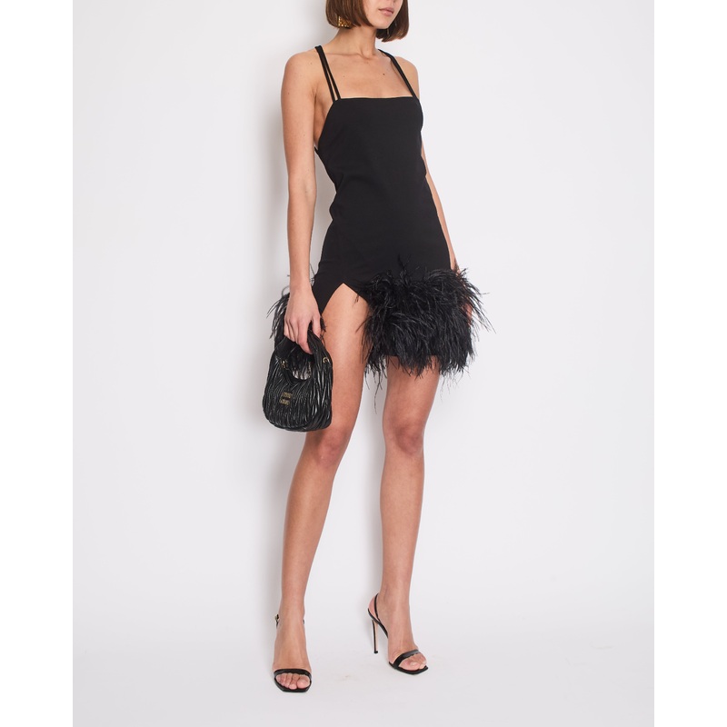 The Attico Black Strappy Mini Dress With Feather Hem and Silver Metal Detail Size IT 40 (UK 8)