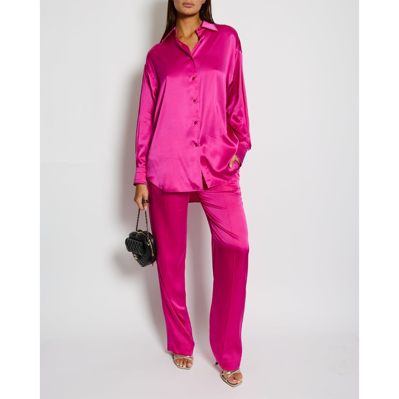 Tom Ford Fuschia Pink Oversized Silk-Blend Satin Blouse and Trouser Set with Velvet Elasticated Waistband Size IT 40 (UK 8)