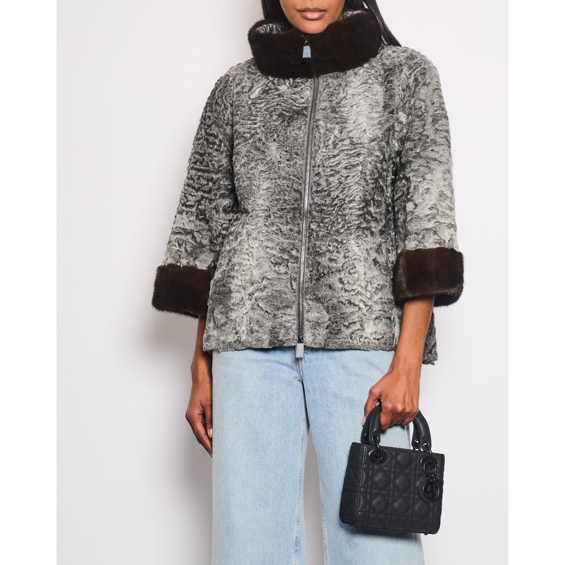 Adamo Grey Sakkara Jacket with Cropped Mink Sleeve Detail Size IT 46 (UK 14) RRP: 4,500