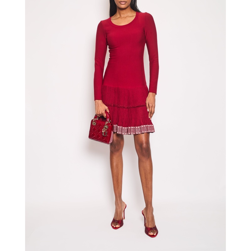 Alaia Red Long-Sleeve Dress with Pleated Trim FR 38 (UK 10)
