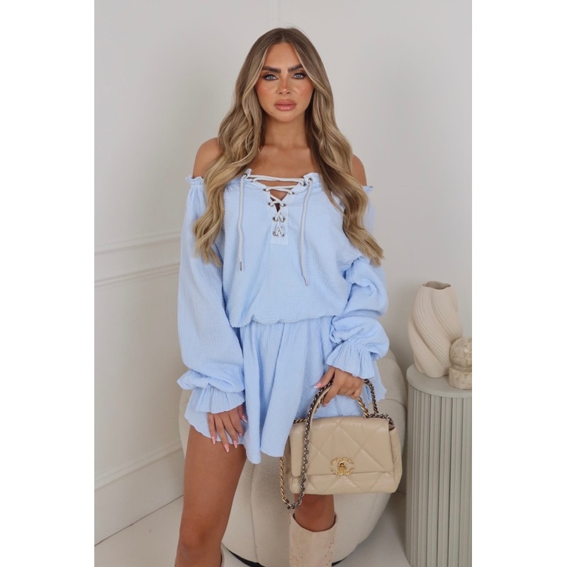 Alice blue off shoulder cheesecloth mini dress