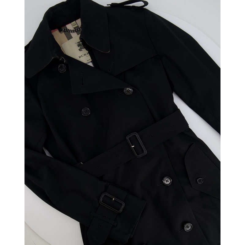 Burberry Black Trench Coat with Belt and Black Logo Button Details Size UK 4