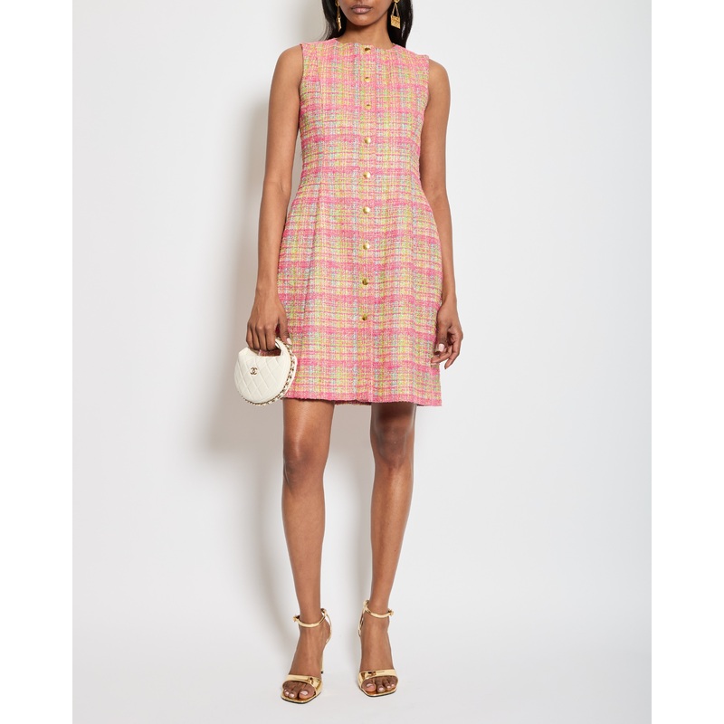 Carolina Herrera Pink & Multicolour Tweed Dress with Gold Buttons Size 0 (UK 4) RRP 1650