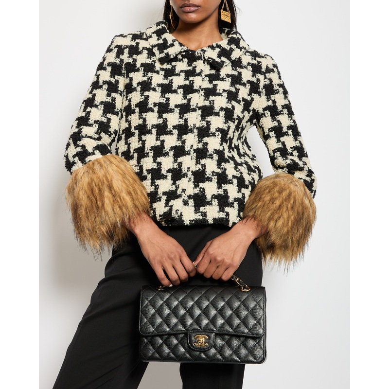 *CURRENT SEASON* Valentino Black & White Houndstooth Pied-De-Poule Tweed Jacket with Faux Fur Sleeves Detail Size IT 40 (UK 8) RRP 3,250