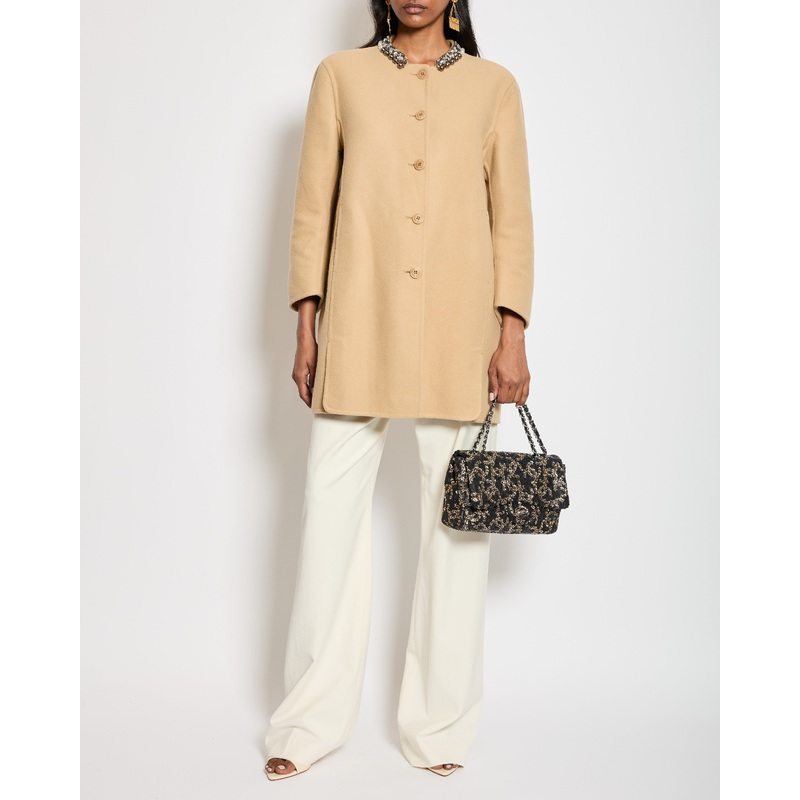Ermanno Scervino Beige Mid-Lenght Wool Coat with Crystals & Pearls Collar Detail Size IT 36 (UK 4)