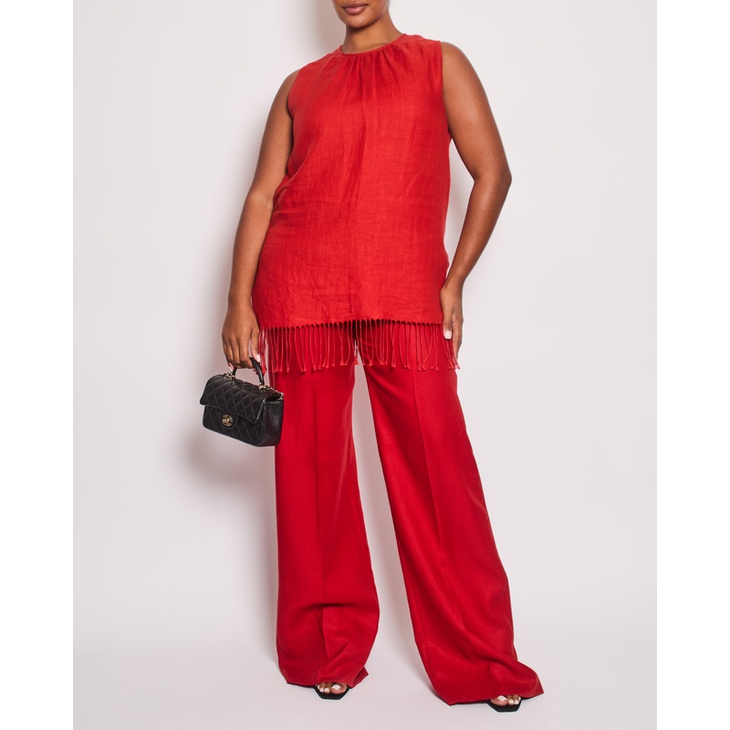 Max Mara Red Linen Sleeveless Top and Trouser Set with Fringing Size IT 48 (UK 16)