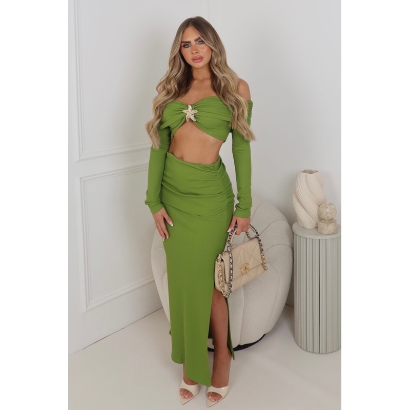 Millie green bardot shell top & split skirt co ord