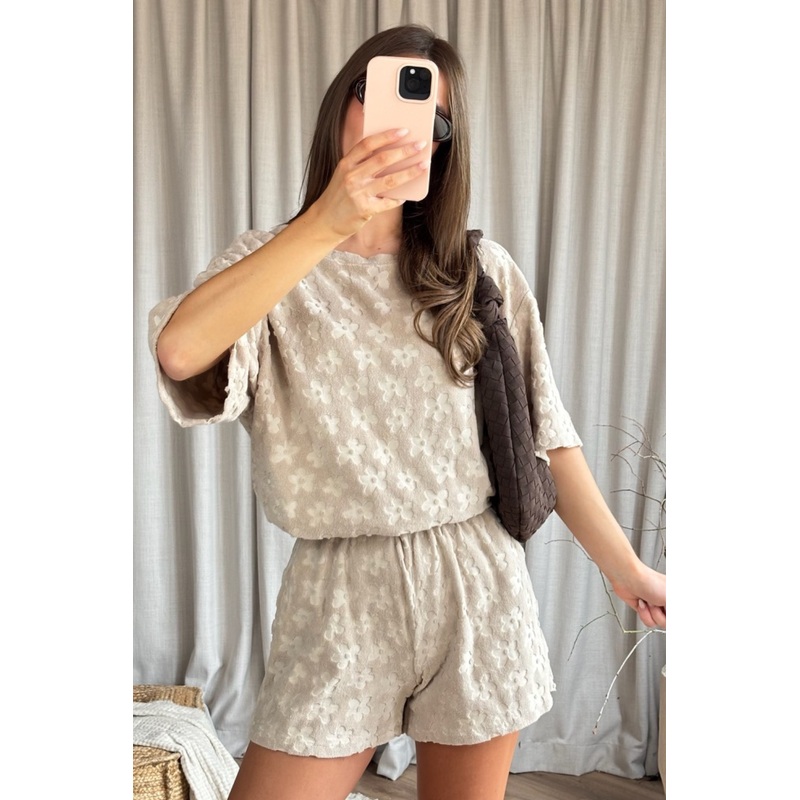 Nadine beige floral towelling t-shirt & shorts co ord