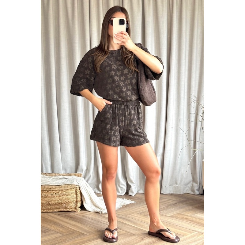 Nadine chocolate floral towelling t-shirt & shorts co ord